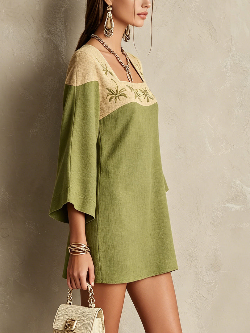 Women's Green Mini Dress Square Neck Embroidered Bell Sleeve