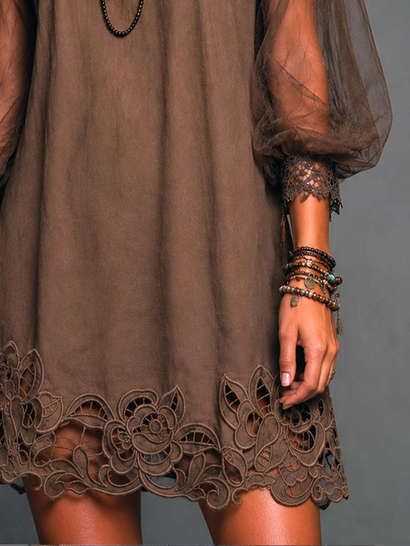 Women's Brown Mini Dress Round Neck Sheer Long Sleeve Crochet Hem Flowing Boho Style