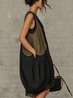 Load image into Gallery viewer, Women's Black Midi Dress V Neck Sleeveless Zip Front Lace Hem Relaxed Style
