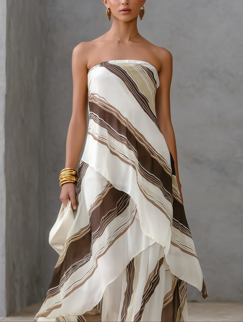 Women's White Striped Maxi Dress Strapless Draped Asymmetric Hem