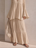 Load image into Gallery viewer, Women's Beige Maxi Dress V-Neck Bell Sleeve Tiered Ruffle
