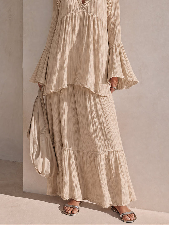 Women's Beige Maxi Dress V-Neck Bell Sleeve Tiered Ruffle