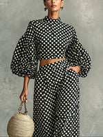 Load image into Gallery viewer, Women's Two Piece Set Puff Sleeve Crop Top Wide Leg Palazzo Pants Polka Dot Style

