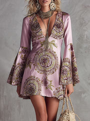 Women's Pink Mini Dress Deep V Neck Flare Sleeve Totem Print