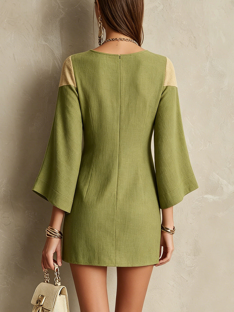 Women's Green Mini Dress Square Neck Embroidered Bell Sleeve