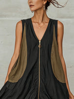 Load image into Gallery viewer, Women's Black Midi Dress V Neck Sleeveless Zip Front Lace Hem Relaxed Style

