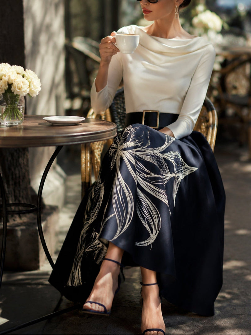 Women's Navy Floral Midi Skirt Full Pleated a Line Style