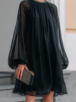 Load image into Gallery viewer, Women's Black Chiffon Mini Dress Balloon Sleeve Embellished Neck Flowing Style

