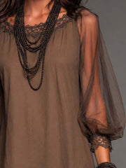 Women's Brown Mini Dress Round Neck Sheer Long Sleeve Crochet Hem Flowing Boho Style