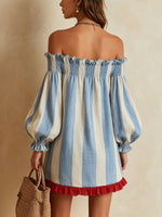 Load image into Gallery viewer, Women's Blue Striped Off Shoulder Mini Dress Puff Sleeve Ruffle Hem
