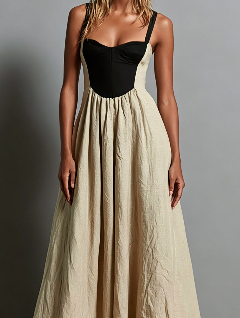 Women's Khaki Two Tone Maxi Dress Corset Bodice Flowing Skirt