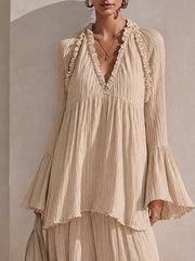 Women's Beige Maxi Dress V-Neck Bell Sleeve Tiered Ruffle