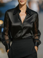Load image into Gallery viewer, Women's Satin Blouse Collared Button Up Sheer Stripe Sleeve Business Casual Style
