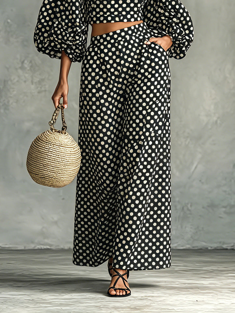 Women's Two Piece Set Puff Sleeve Crop Top Wide Leg Palazzo Pants Polka Dot Style
