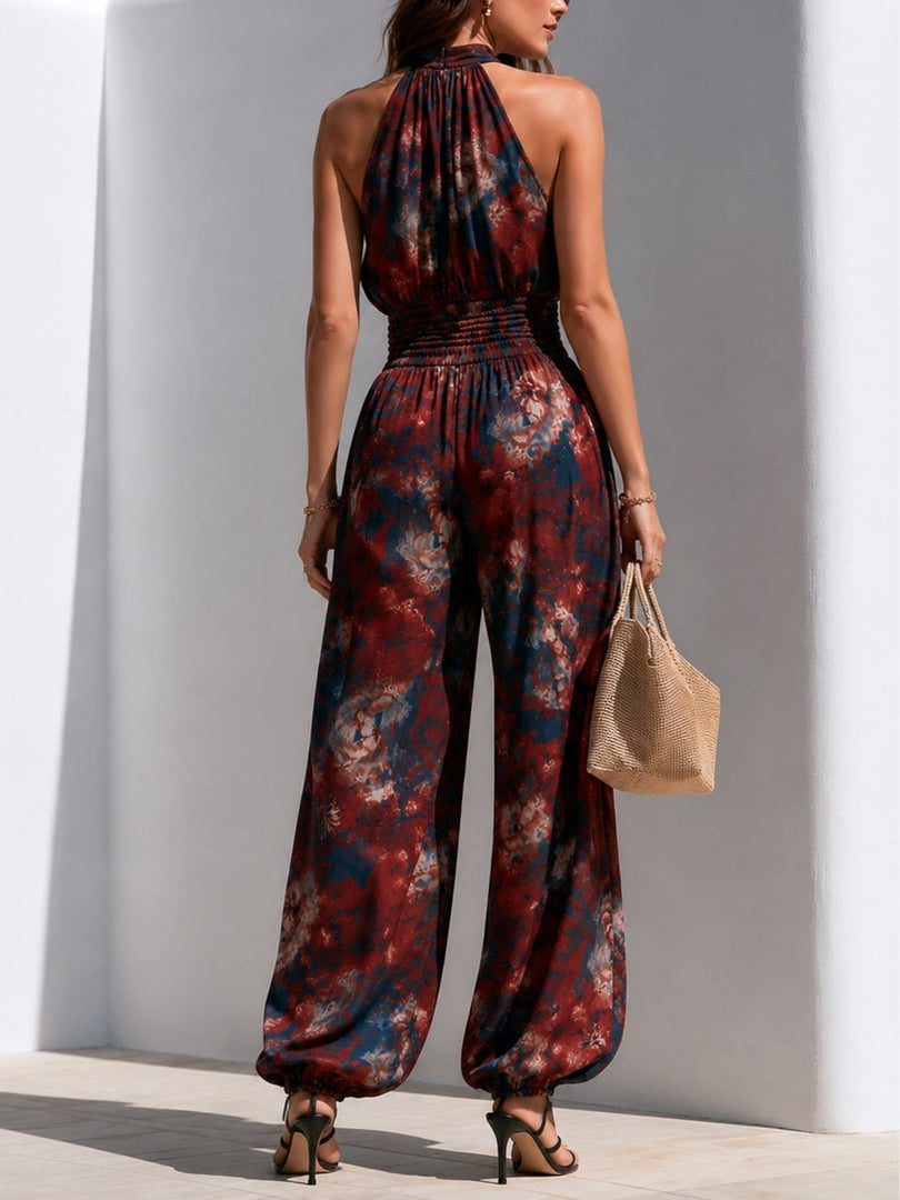 Women's Red Floral Jumpsuit Halter Neck Wide Leg Flowing Wrap Style