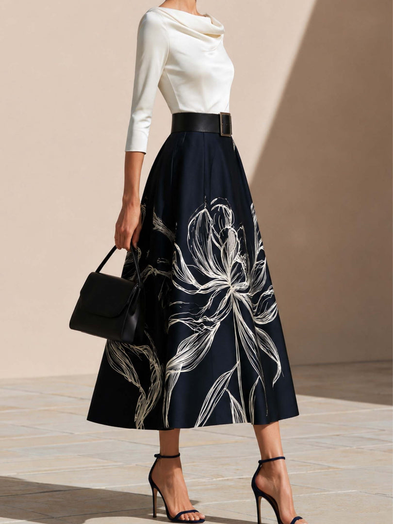 Women's Navy Floral Midi Skirt Full Pleated a Line Style