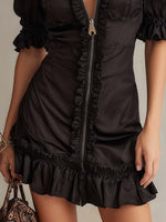 Load image into Gallery viewer, Women's Black Mini Dress Ruffle Trim Zip Front Party Style
