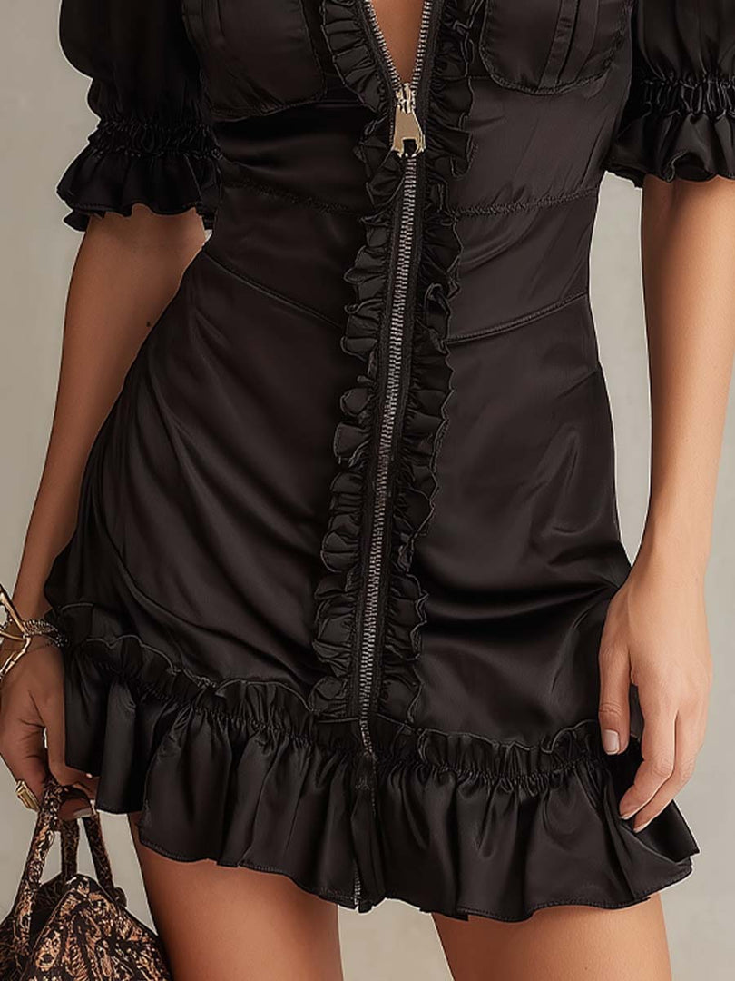 Women's Black Mini Dress Ruffle Trim Zip Front Party Style