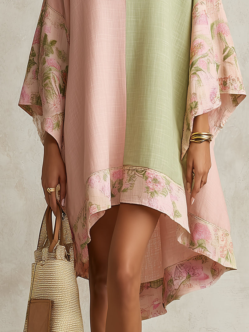Women's Color Block Kaftan Maxi Dress V-Neck Flowing Kimono Sleeve