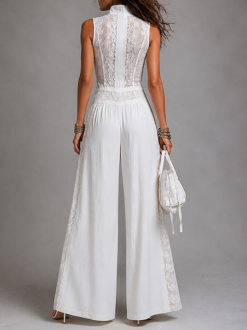 Women's White Jumpsuit V-Neck Sleeveless Wide Leg Palazzo Style