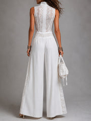 Women's White Jumpsuit V-Neck Sleeveless Wide Leg Palazzo Style