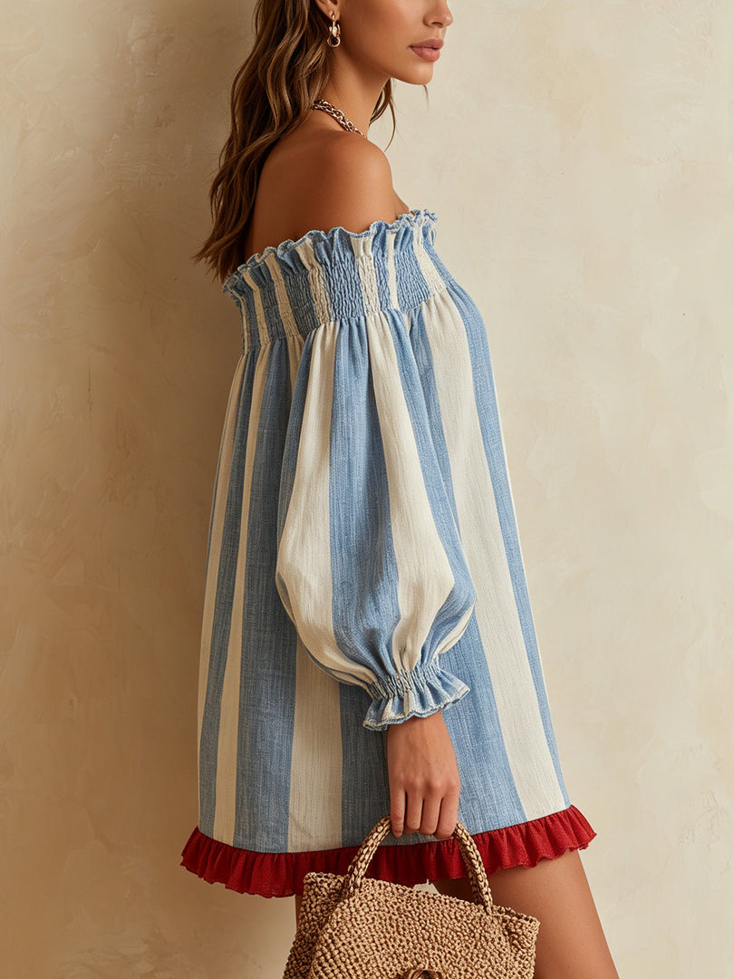 Women's Blue Striped Off Shoulder Mini Dress Puff Sleeve Ruffle Hem