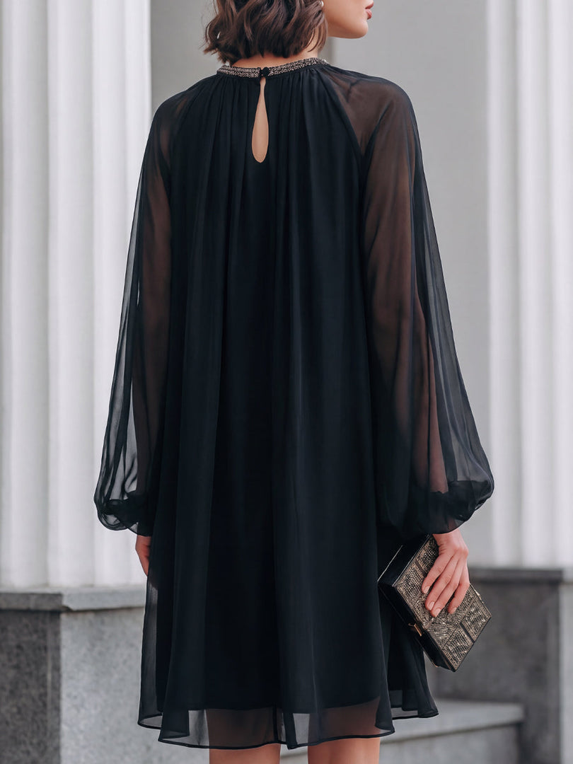 Women's Black Chiffon Mini Dress Balloon Sleeve Embellished Neck Flowing Style