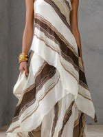 Load image into Gallery viewer, Women's White Striped Maxi Dress Strapless Draped Asymmetric Hem
