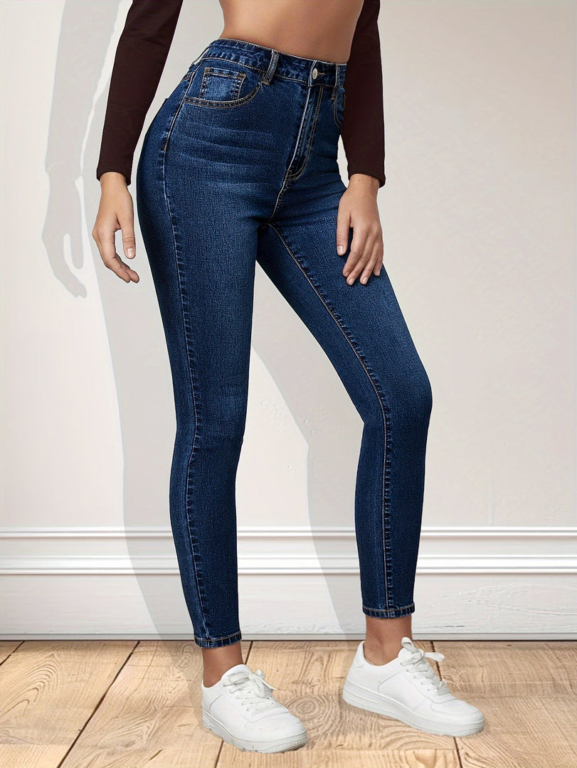 Women's Blue Relaxed Skinny Jeans High Waist Slim Fit Ankle Length