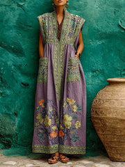 Women's Purple Maxi Dress V Neck Floral Print Sleeveless Contrast Border Flowing Style