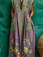 Load image into Gallery viewer, Women's Purple Maxi Dress V Neck Floral Print Sleeveless Contrast Border Flowing Style
