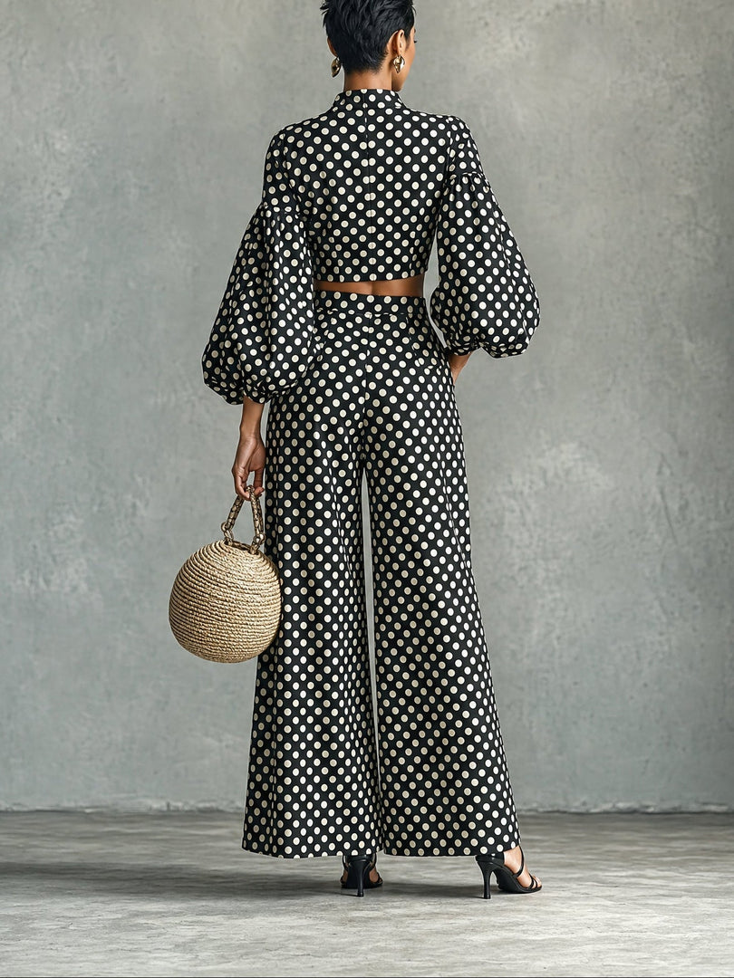 Women's Two Piece Set Puff Sleeve Crop Top Wide Leg Palazzo Pants Polka Dot Style