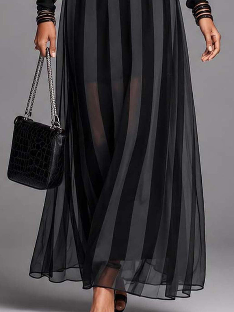 Women's Black Maxi Dress Round Neck Long Sleeve Sheer Stripe Belted Formal Style
