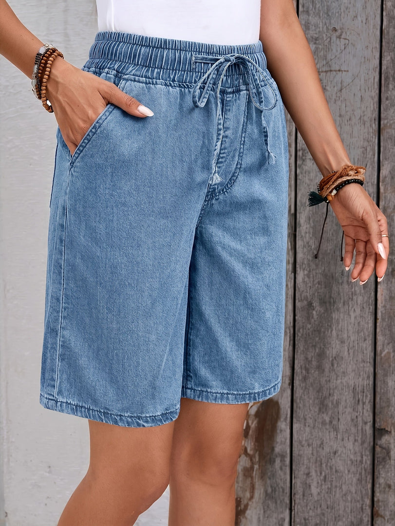 Women's Light Blue Denim Bermuda Jean Shorts Elastic Drawstring Waist Wide Leg