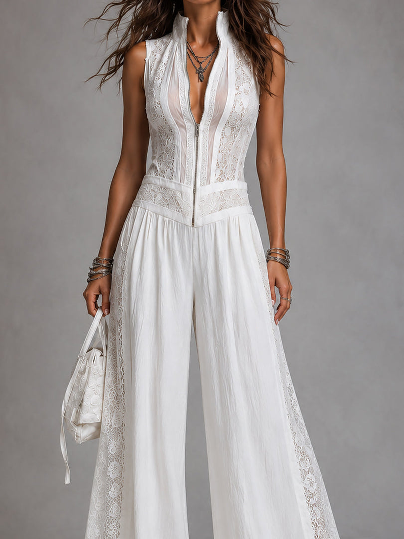 Women's White Jumpsuit V-Neck Sleeveless Wide Leg Palazzo Style