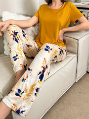 Women's Mustard Pajamas Floral Print Short Sleeve Two Piece