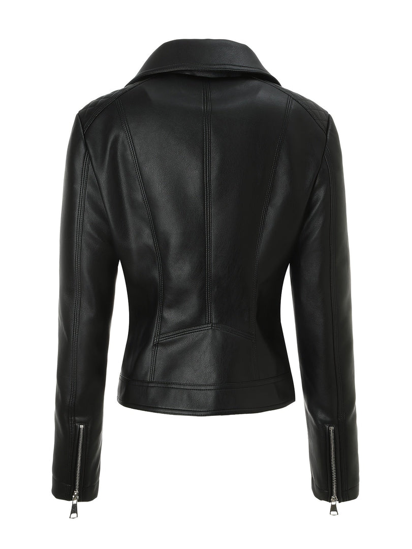 Women's Leather Moto Jacket Notch Lapel Asymmetric Zip Front Fitted Style