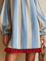 Load image into Gallery viewer, Women's Blue Striped Off Shoulder Mini Dress Puff Sleeve Ruffle Hem
