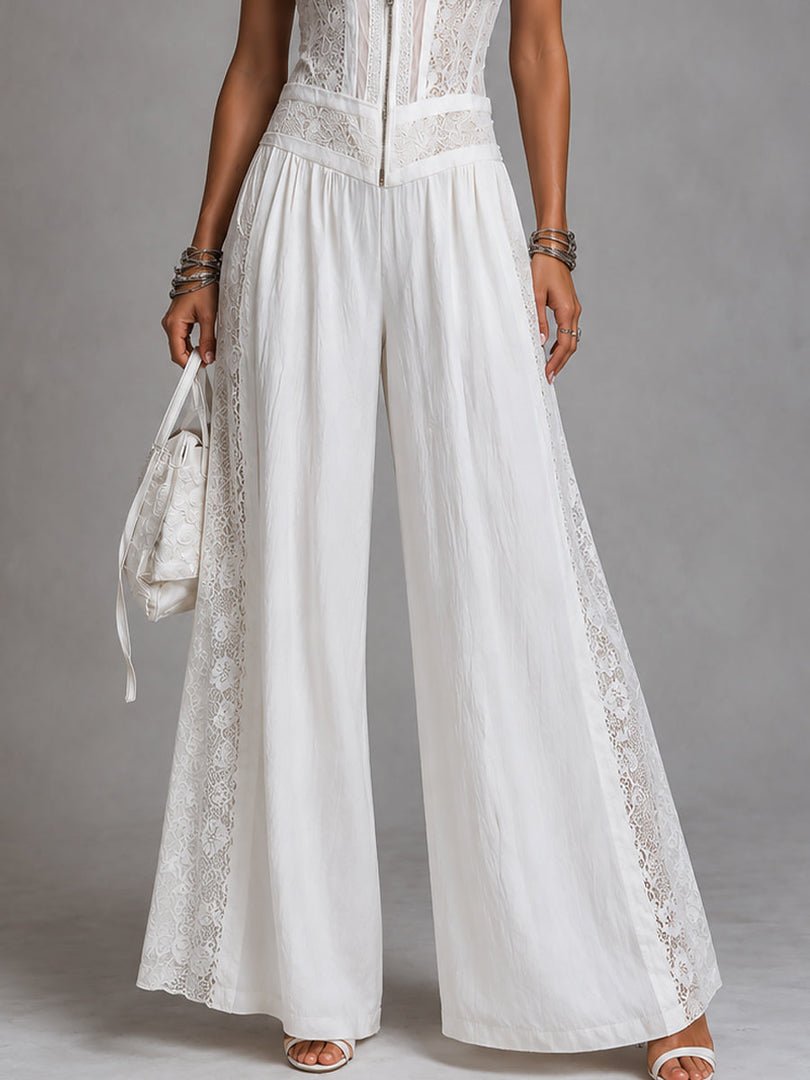 Women's White Jumpsuit V-Neck Sleeveless Wide Leg Palazzo Style