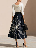 Load image into Gallery viewer, Women's Navy Floral Midi Skirt Full Pleated a Line Style
