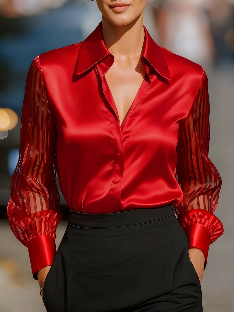 Women's Satin Blouse Collared Button Up Sheer Stripe Sleeve Business Casual Style
