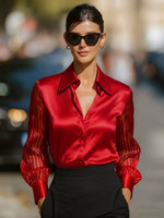 Load image into Gallery viewer, Women's Satin Blouse Collared Button Up Sheer Stripe Sleeve Business Casual Style
