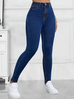 Load image into Gallery viewer, Women's Dark Blue Relaxed Skinny Jeans High Waist Slim Fit Stretch Denim
