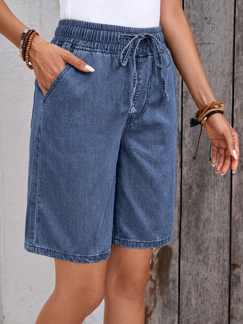 Women's Blue Jean Shorts High Waist Drawstring Pocket Bermuda Style
