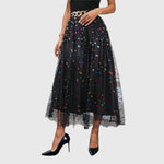 Load image into Gallery viewer, Elegant Black Midi Skirt for Women with High Waist Colorful Sequin Tulle Overlay Asymmetric Hem Going Out Style
