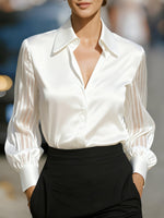 Load image into Gallery viewer, Women's Satin Blouse Collared Button Up Sheer Stripe Sleeve Business Casual Style
