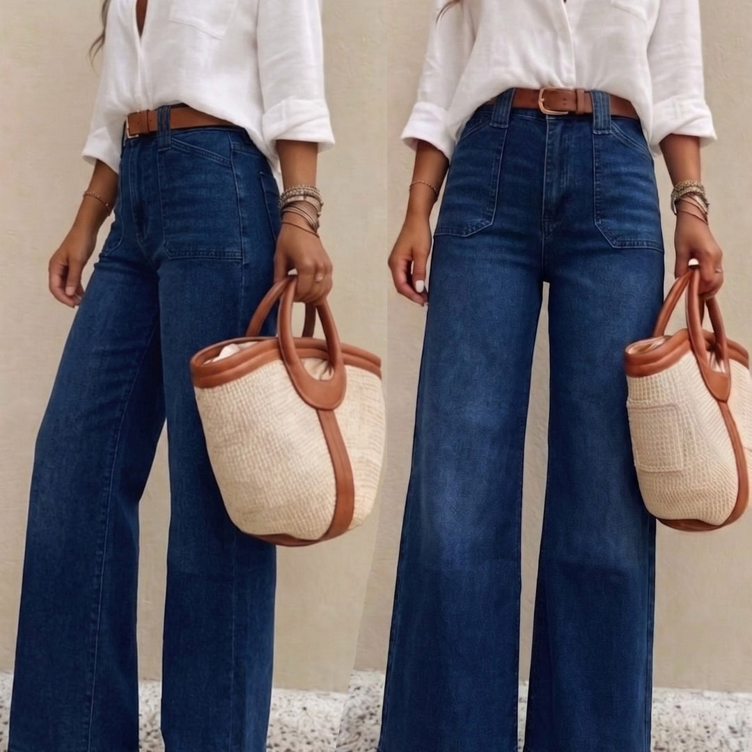 Women's Relaxed Dark Blue Wide Leg Jeans High Waist Belted Style