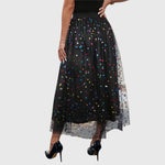 Load image into Gallery viewer, Elegant Black Midi Skirt for Women with High Waist Colorful Sequin Tulle Overlay Asymmetric Hem Going Out Style
