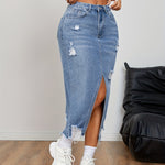Load image into Gallery viewer, Women's Blue Denim Jean Skirt High Waist Ripped Side Slit a Line Midi Casual Style
