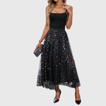 Load image into Gallery viewer, Elegant Black Midi Skirt for Women with High Waist Colorful Sequin Tulle Overlay Asymmetric Hem Going Out Style
